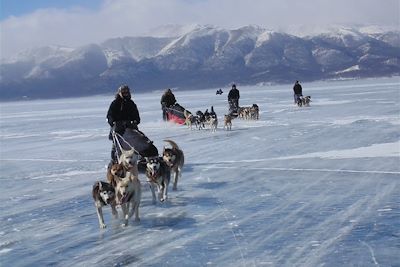 Traîneau à chiens sur le lac Khuvsgul gelé - Mongolie