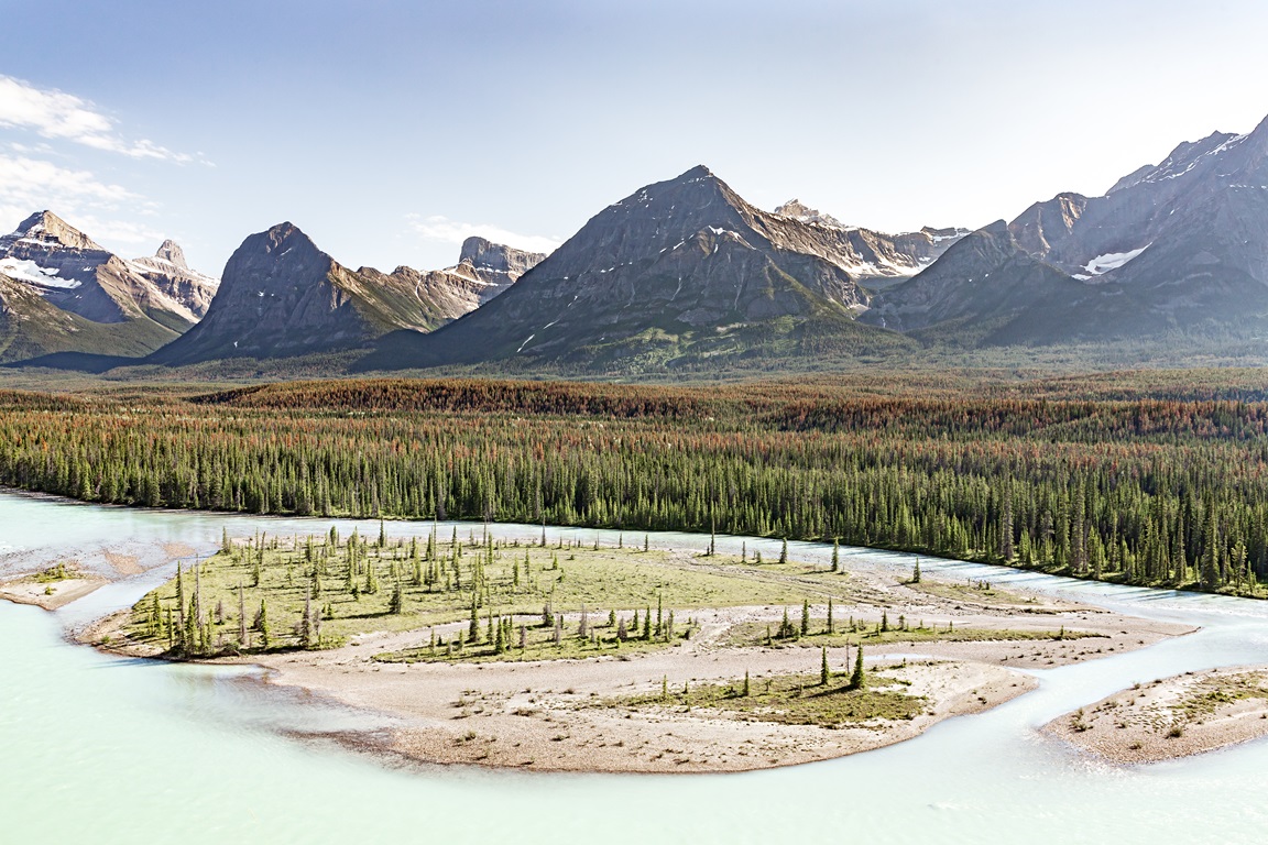 PANORAMA XXL À GOATS AND GLACIERS VIEWPOINT Les belvédères, incontournables points de vue, offrent aux voyageurs de spectaculaires panoramas de la rivière Athabasca - ©Wild Birds Collective